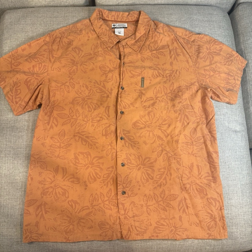 Columbia Mens XXL Orange Hawaiian Shirt Floral Tropical Button Up Cotton